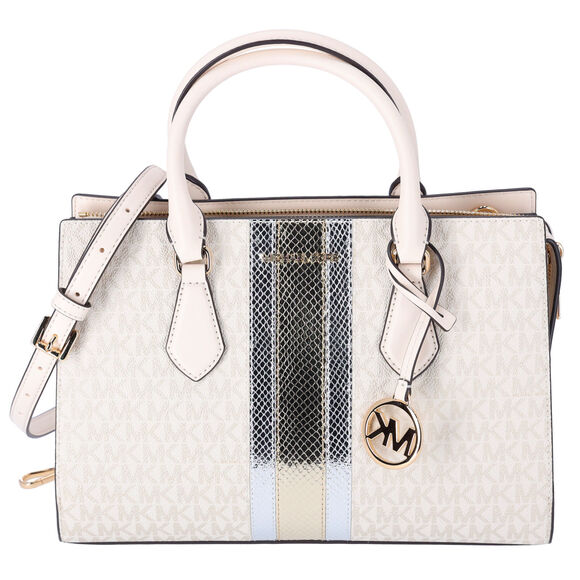 Michael Kors Sheila Medium Satchel Signature Logo Metallic MK Pale Gold - Picture 1 of 4